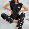 Летняя пижама женская с графическим принтом, комплект пижамы, топы с коротким рукавом и круглым вырезом, брюки с эластичным поясом, женская черная одежда для сна, домашняя одежда, пижама