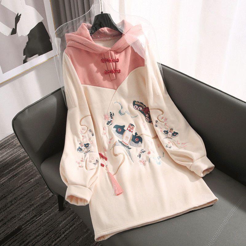 Улучшенная толстовка с капюшоном Hanfu и вышивкой в китайском стиле плюс бархатное утолщенное свободное женское платье больших размеров