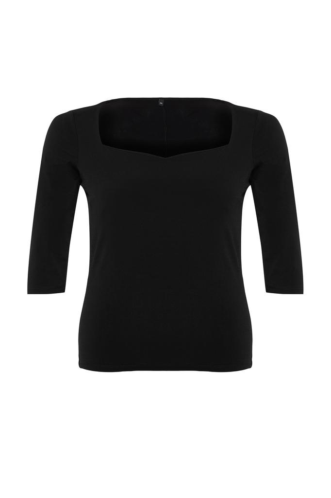 Women's Fashion New Plus Big Size Blouse Black Sweetheart Neckline Fitted Knitted Blouse