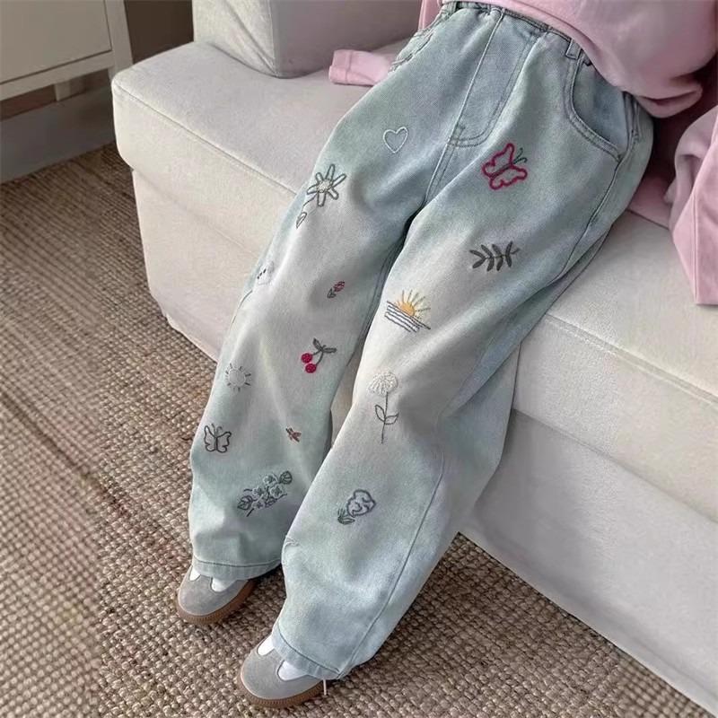 Girls' Denim Wide Leg Pants Children's Jeans Thin Straight Leg Pants High Waisted Pants