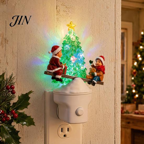 Small Space Night Light Christmas Plug-in LED Light, Resin Glowing Tree Lamp with Kids Reindeer Shaped Seesaw Design, Wall Decor for Bedroom Hallway,