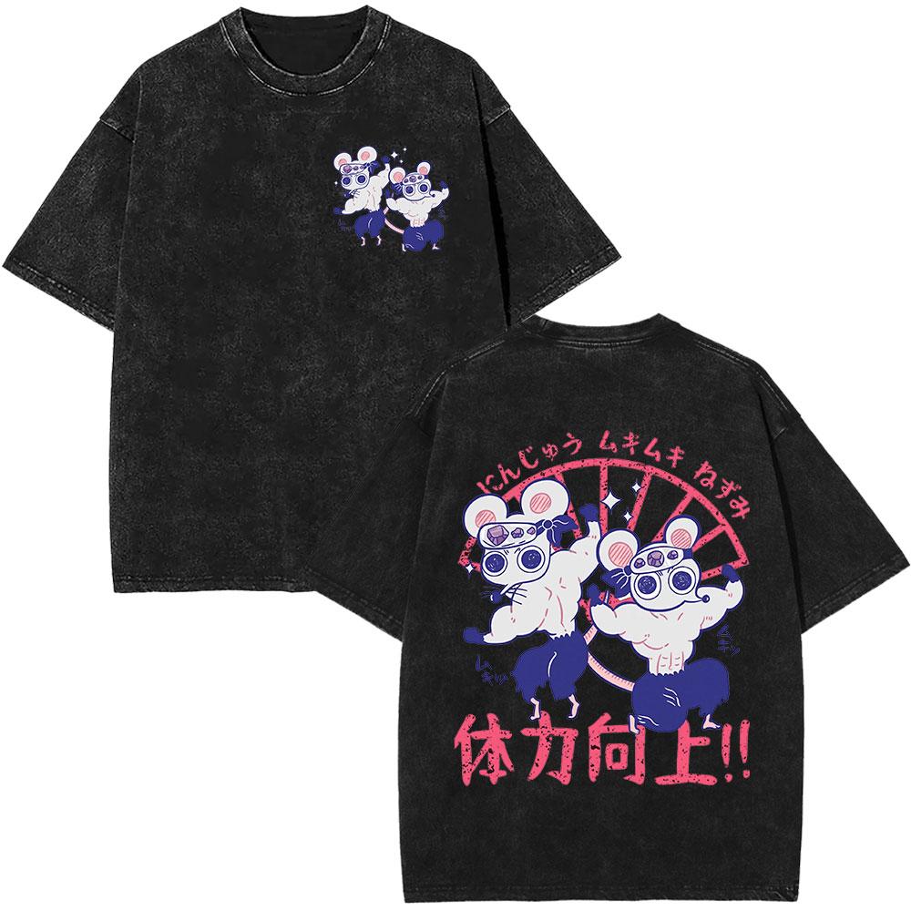 Japanese Anime Demon Slayer Uzui Tengen Washed Tshirt Muscular Ninja Mice Muki Gym Mouse Graphic Tshirts Oversized Streetwear