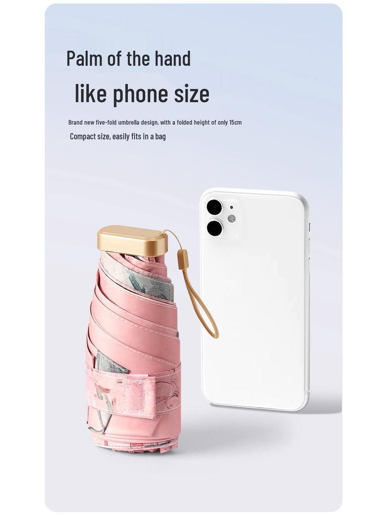 Oil Painting Capsule Umbrella: Five-Fold Mini, Sunny and Rainy Dual-Use, Sunscreen Sunshade with Print Logo