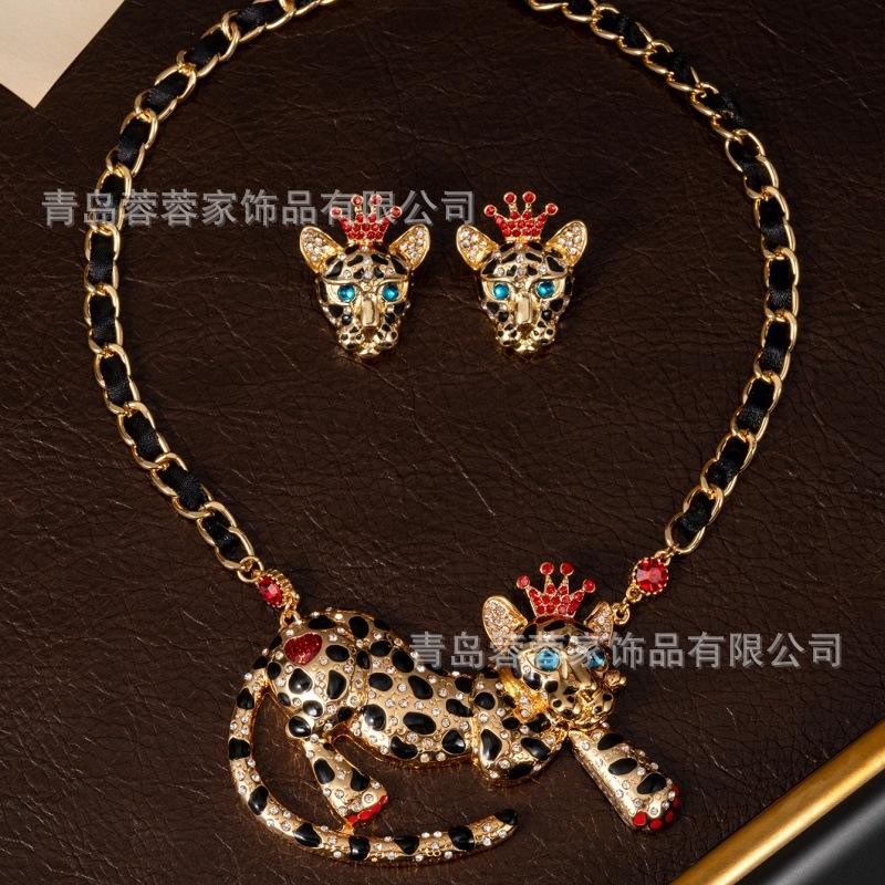 BJ Animal Style Cheetah Necklace Colorful Treasure Exaggerated Leopard Head Earrings Personalized Antique Heavy Industry Jewelry