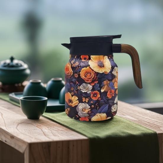 Винтажный заварочный чайник с цветочным узором и встроенным фильтром, V-образным носиком, заварочный чайник с напорной водой, 1000 мл, изолированный чайник из нержавеющей стали