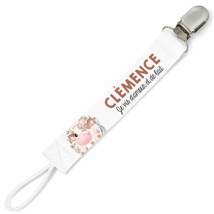 Planetee Attache tétine pour prénom CLEMENCE je vis d'amour et de lait Vache | Attache sucette cadeau naissance