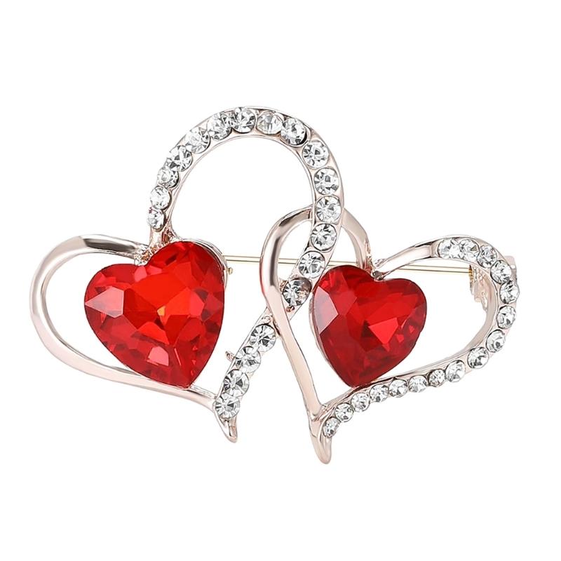 Trendy Rhinestones Double Heart Brooches for Women and Men Valentines Day Party Accessories Gifts Daily Casual Wear