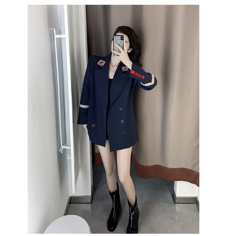 Brit Style Women's Casual Suit Jacket with Embroidery, Korean Fashion Long Sleeve Coat for Spring