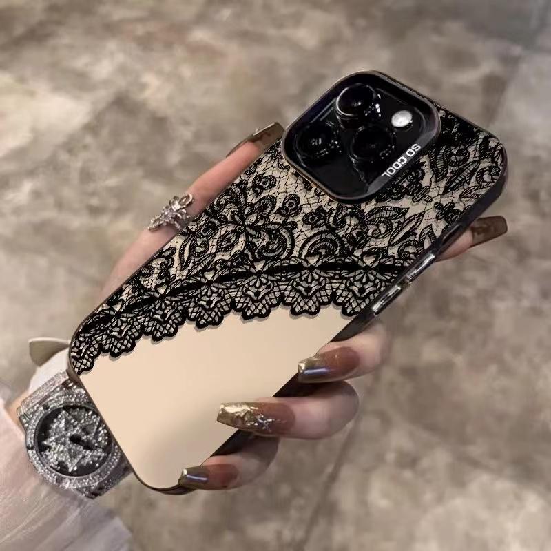 Роскошный ретро-чехол с цветочным узором для iPhone 15 14 13 12 11 Pro Max X XR XS Max Стильный черный кружевной узор Ударопрочная задняя крышка