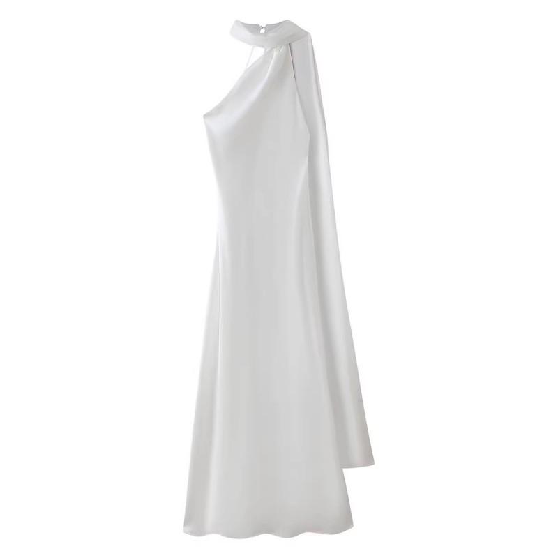 Womens Satin Evening Dress Solid Color Halter Neck Slanted Shoulder Party Gown