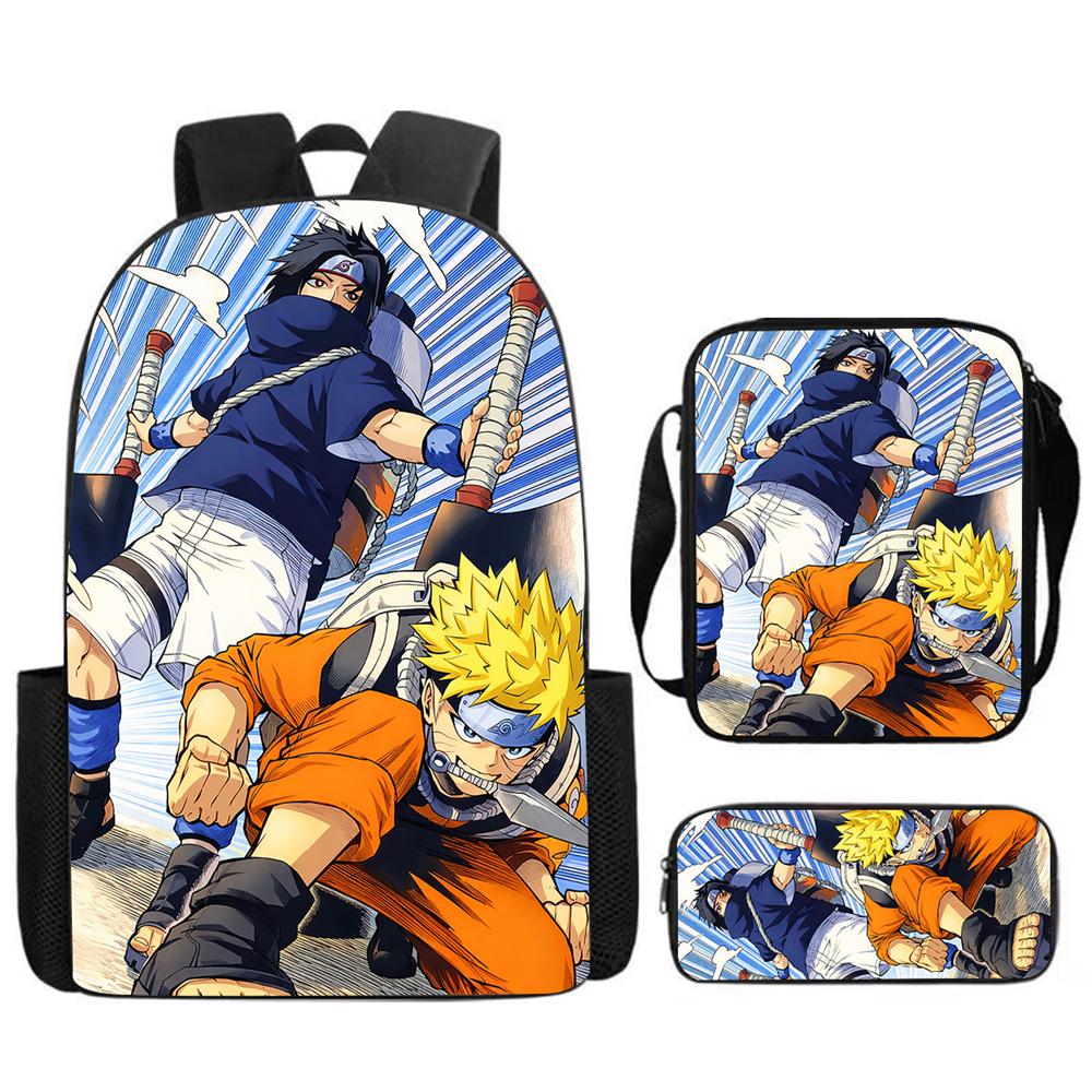 Набор из 3 предметов Рюкзак NARUTO для детей с сумкой через плечо и пеналом Легкий и прочный, Мультяшные школьные сумки для детей от 5 до 10 лет Мальчиков и Девочек