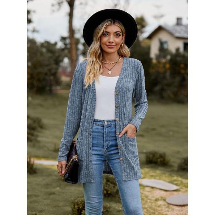 Women's Cardigan Sweater Long Sleeve Solid Color Striped Knit Autumn Winter Fashion