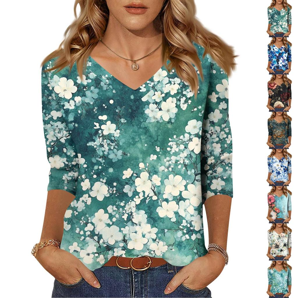 Women's Tops Three-quarter Sleeve Shirt V-neck Loose Casual Shirt Floral Print T-shirt