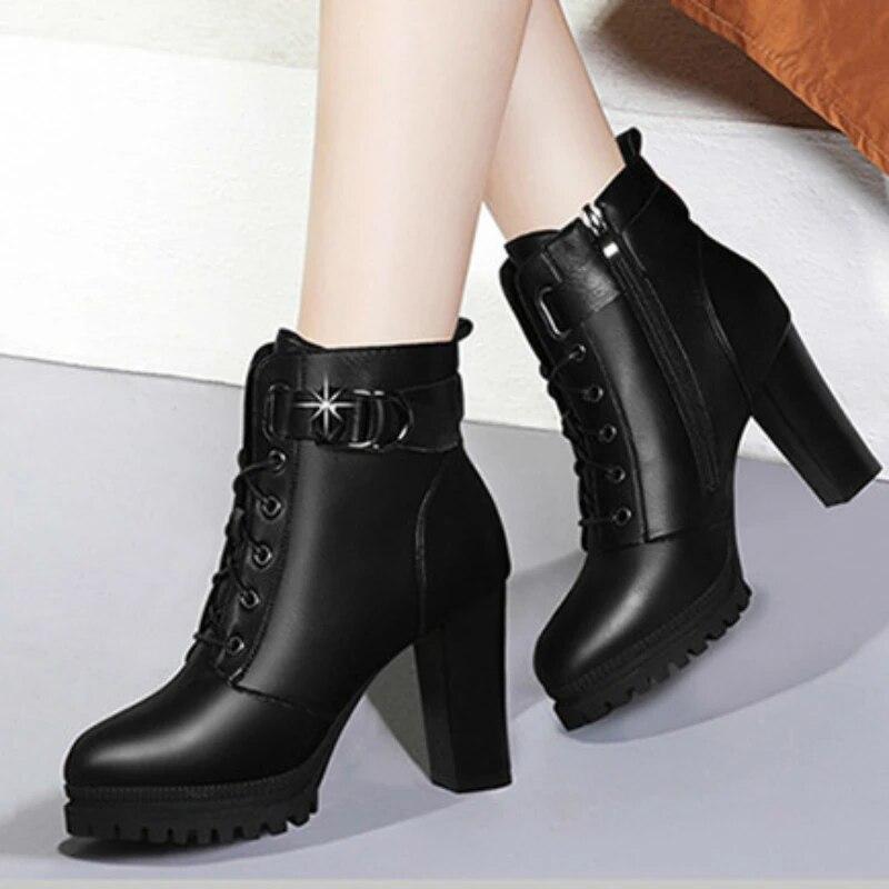Autumn Winter Red Leather Boots Fashionble High Heels Women's Short Boots Platform Comfortable Warm Plush Women Boots