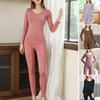 2Pcs/Set Women Thermal Underwear V Neck High Waist Slim Fit Keep Warm Solid Color Winter Double Layer