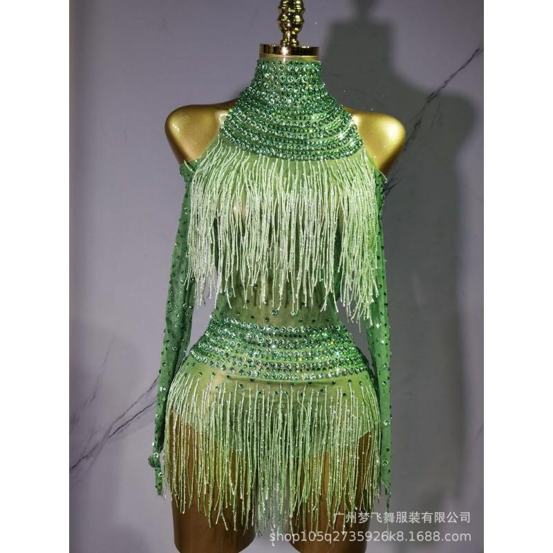 Mesh Halter Long Sleeve Rhinestone Fringe Jumpsuit Sexy Stage Outfit Female Singers Nightclub