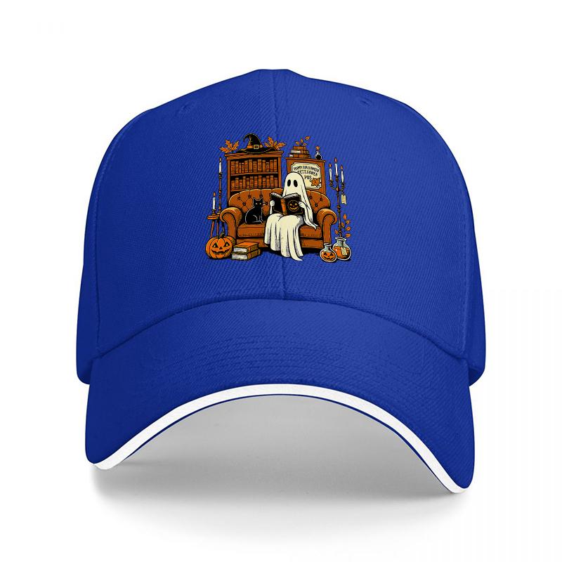 Halloween Ghost Reading Bookshelf Scene Baseball Cap Spooky Library Design Black Adjustable Hat for Adults