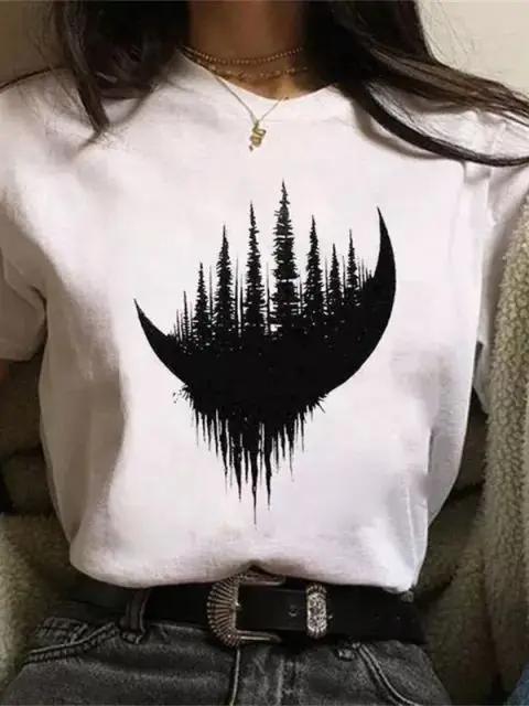Футболка большого размера New Funny Moon Print, унисекс, белые и черные рубашки, модная футболка с круглым вырезом и коротким рукавом, летние футболки