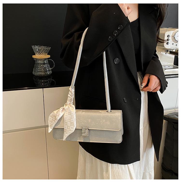 Women's Textured Underarm Baguette Bag with Silk Scarf - Early Spring 2025 Fashion