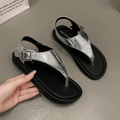 Лето 2024 года. Классические кожаные сандалии. Женские пляжные туфли с открытым носком и римской пряжкой. Сандалии Trifle из кожи с толстой подошвой и застежкой «рыбий рот»