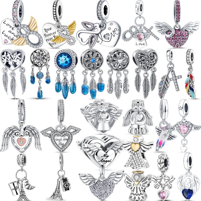 Sterling r Dreamcatcher Feathers Wing Heart Camera Angel Sweet Beads Fit Original  Charms Bracelet Women Jewelry