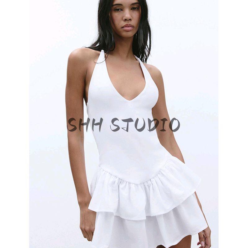 Spring and Summer Women Clothes Laminated Decorative Hem Patchwork Hanging Collar Fashion Sleeveless Short Dress 4174376