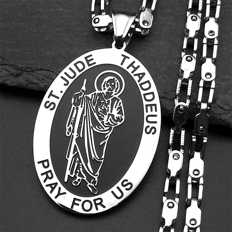 ST. JUDE THADDEUS PRAY FOR US Pendant Necklace for Men Enamel Stainless Steel Christian San Judas Tadeo Necklaces Punk Jewelry