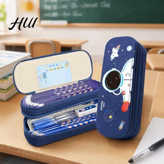 Thick Fabric Pencil Case Astronaut for Kids Large Capacity Space Theme Pouch Stationery Box with Rocket Print Waterproof Canvas Bag Boys Girls