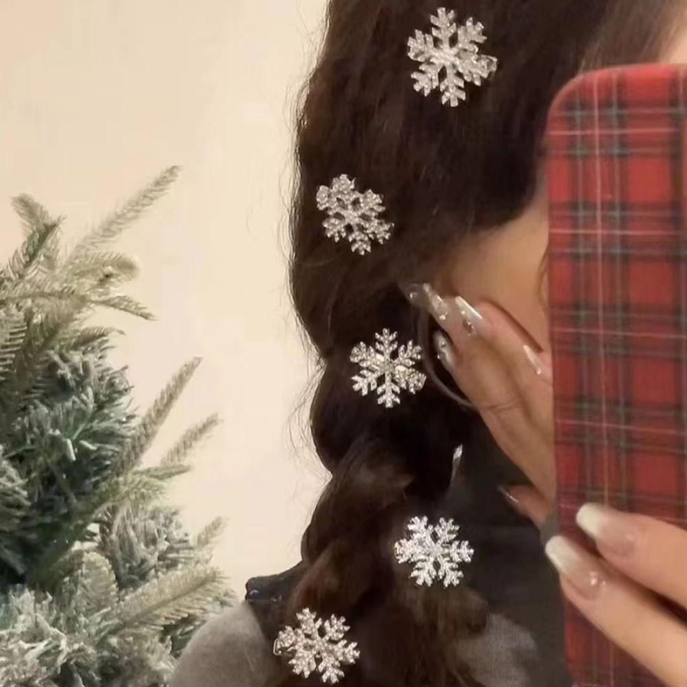Silver Rhinestone Snowflake Hair Clip Girl's Festive Duckbill Clip for 10Pcs Stage Performance
