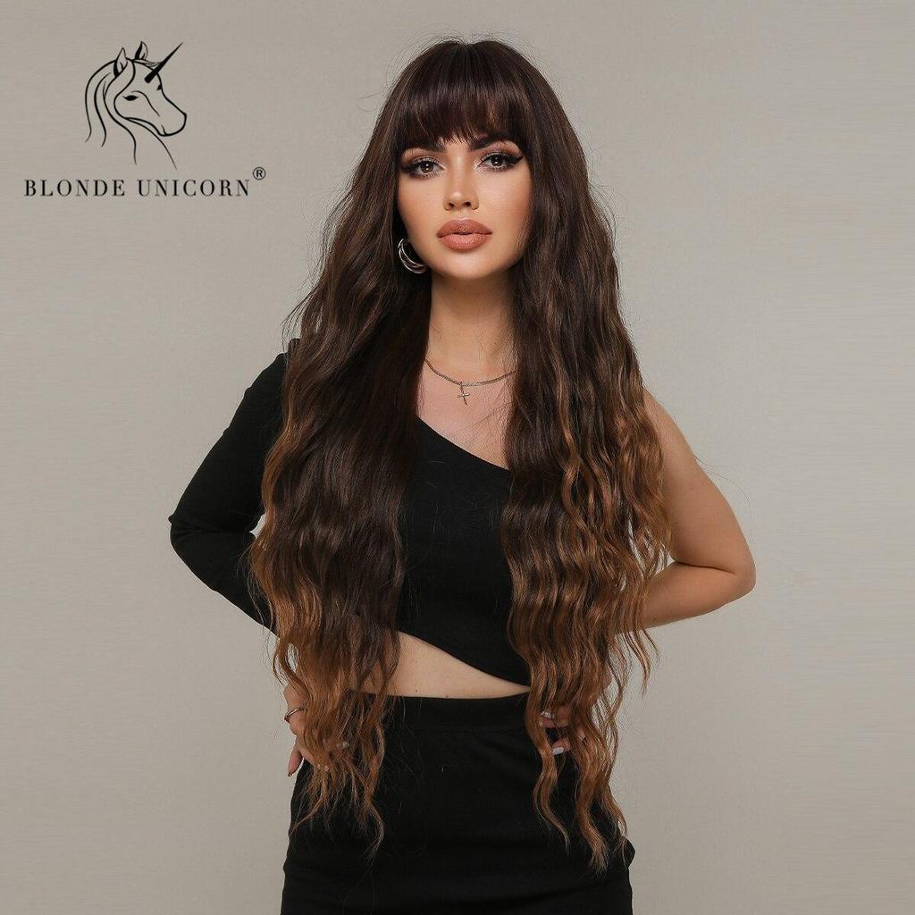 BLONDE UNICORN Синтетические длинные волнистые парики с омбре медово-коричневого цвета с челкой для женщин, термостойкие волосы для повседневного использования для косплея
