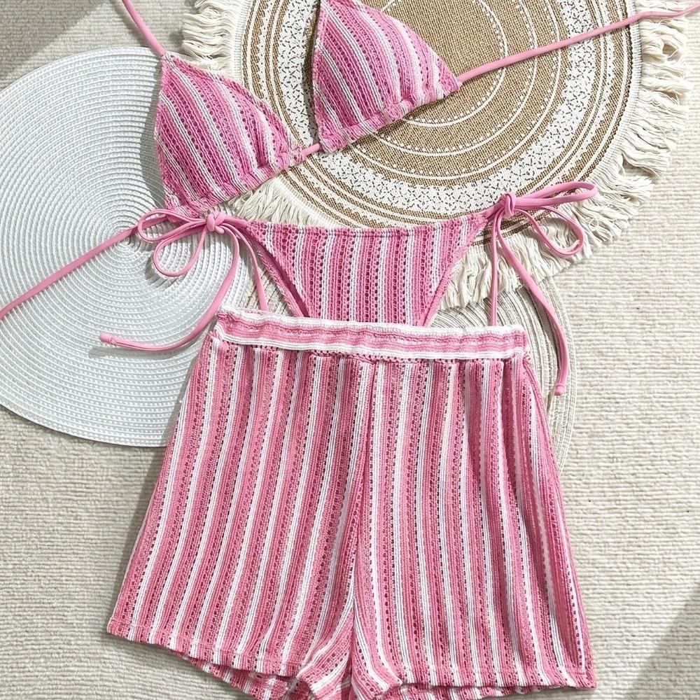 Stripes 3 in 1 Swimwear Set Lace Up Knitting Swimsuit Casual Bikini Bathing Suit  Beach