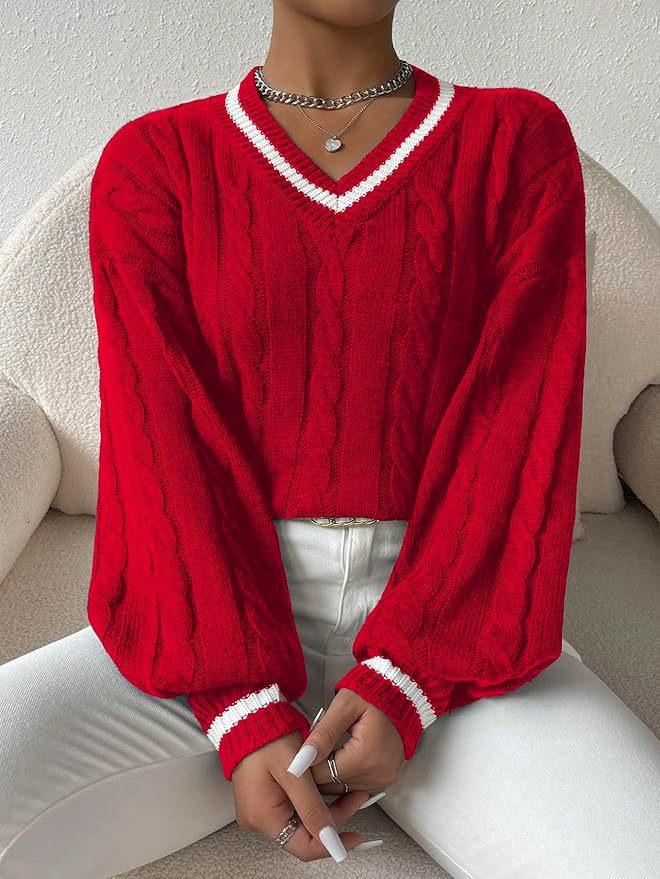 European & American Color Block Cable Knit V-Neck Sweater - Autumn/Winter Fashion Versatile Top for Women