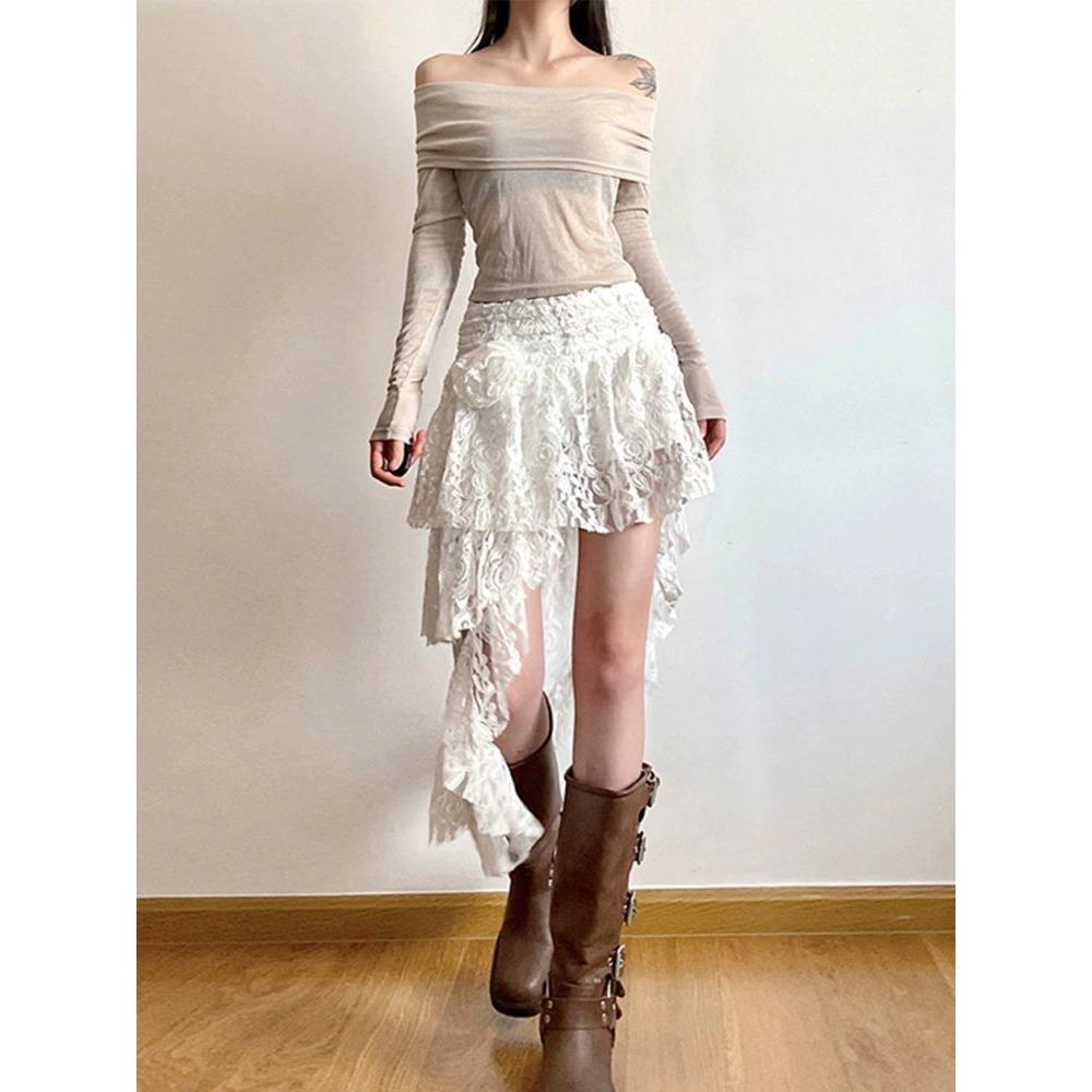 Сексуальная богемная милая кружевная юбка женская элегантная нерегулярная юбка с высокой талией винтажная корейская женская повседневная милая белая юбка-трапеция