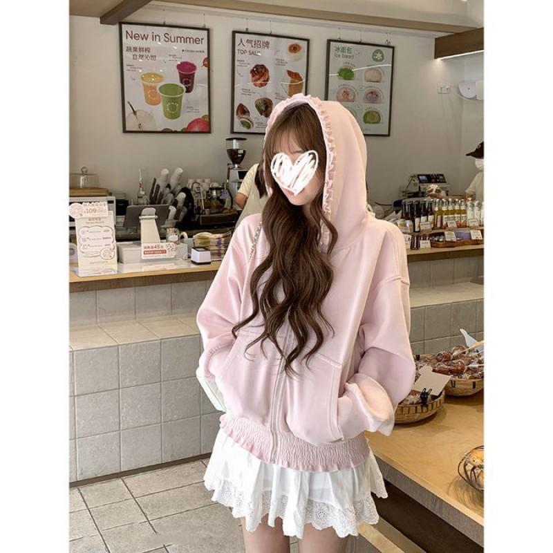 Pink Zip Up Hooded Sweatshirt Loose Ruffled Long Sleeve Cardigan Women