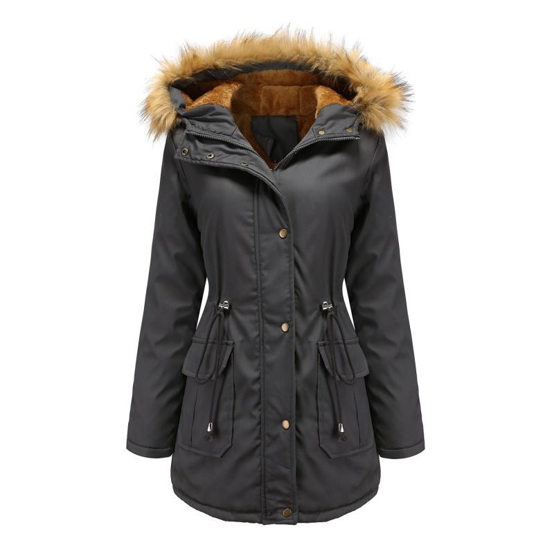 Womens Fleece Lined Hooded Cotton Coat With Faux Fur Collar Plus Size Winter Warm Loose Fit