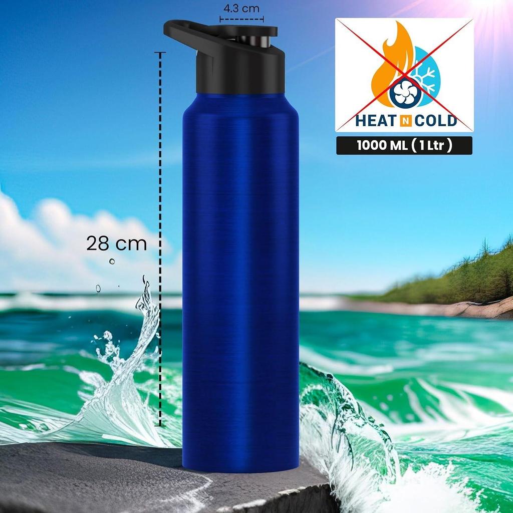 Бутылка для воды из нержавеющей стали 1 л для детей, мальчиков, девочек, бутылки 1 литр для спортзала, использования в холодильнике, школы и офиса (Крышка-поильник - Набор из 1 шт., Темно-синий)