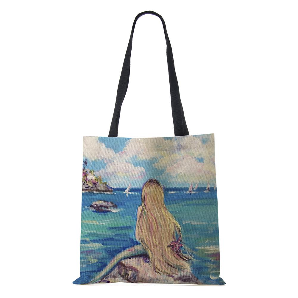 Сумка на плечо с изображением Русалки и пейзажем, 2022, женская многоразовая холщовая сумка-тоут Harajuku, повседневная складная сумка для покупок для покупок
