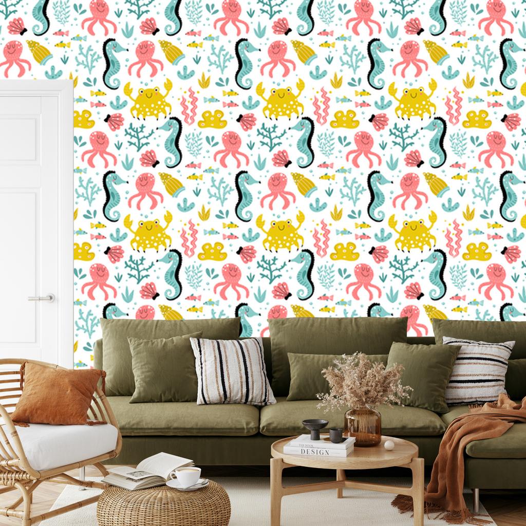 Scandinavian style sea animals wallpaper for living room and bedroom 50x1000