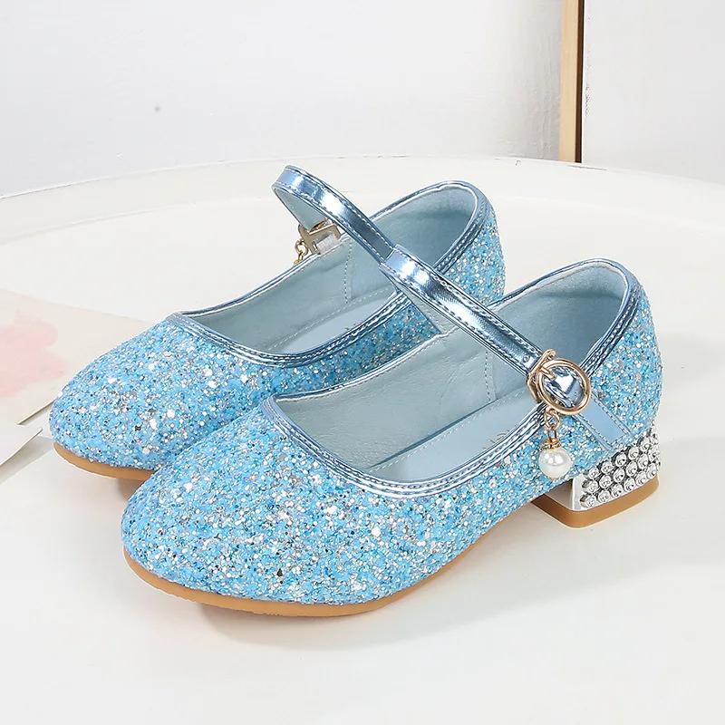 Принцесса Девочки Высокие каблуки Весна Осень Дети Свадебное платье Кожаные Туфли Повседневные Универсальные Блестящие Пайетки Детские Одиночные Туфли