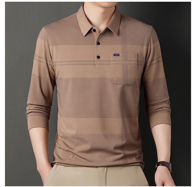 Мужское поло из хлопка в полоску на осень - С длинным рукавом, отложным воротником, дышащее, повседневная деловая рубашка