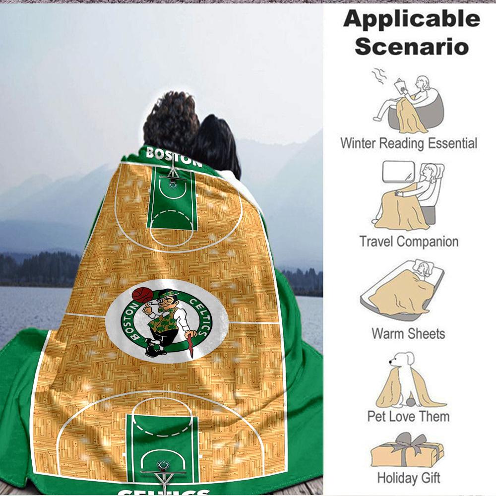1pc Boston Celtics Basketball Court Flannel Blanket, Soft Skin Friendly with Digital Printing, Various Sizes Available for Family, Friends, Birthday