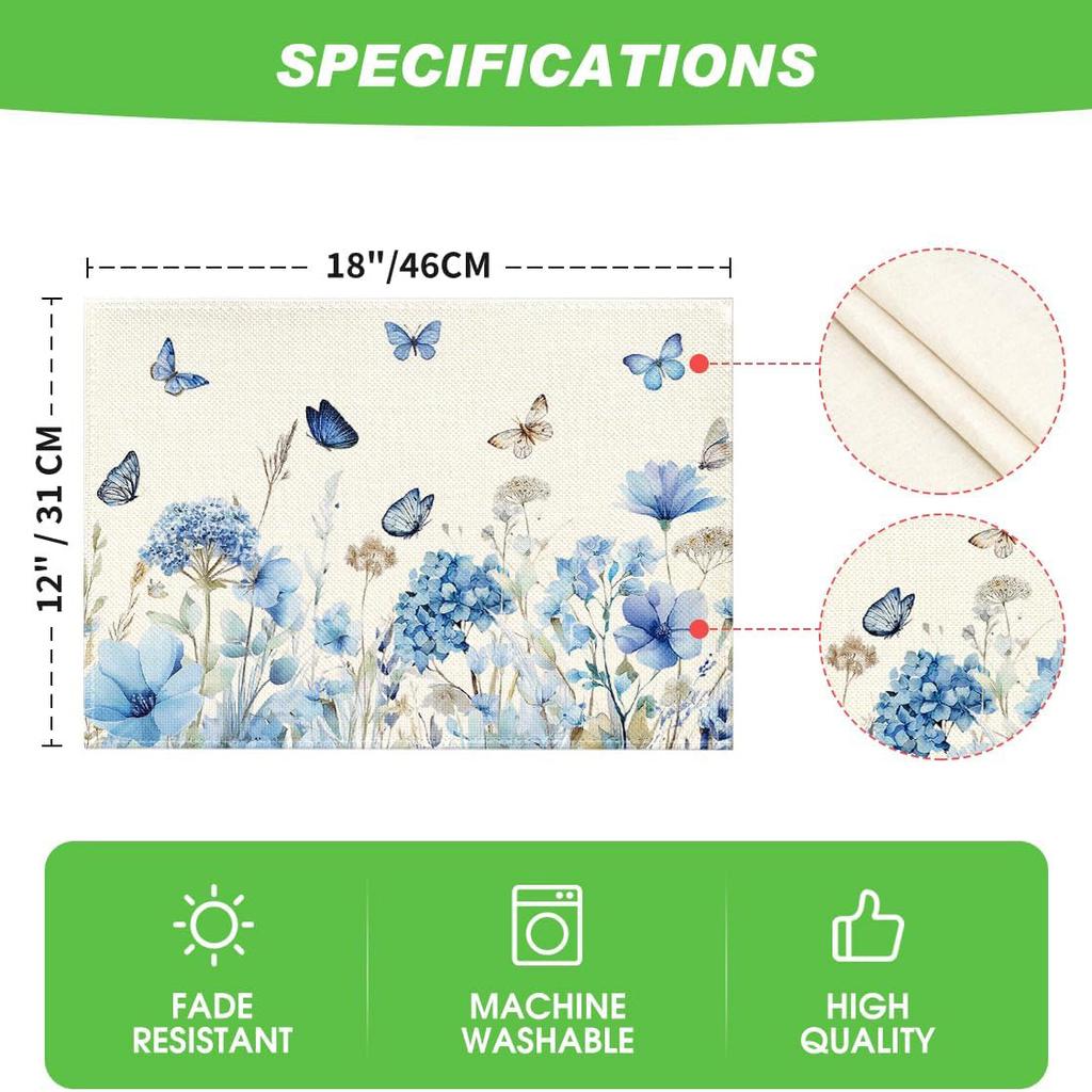4/6pcs Hydrangea Wildflowers Spring Placemats, Seasonal Summer Holiday Placemats for Party Kitchen Dining Decoration 12x18 Inch