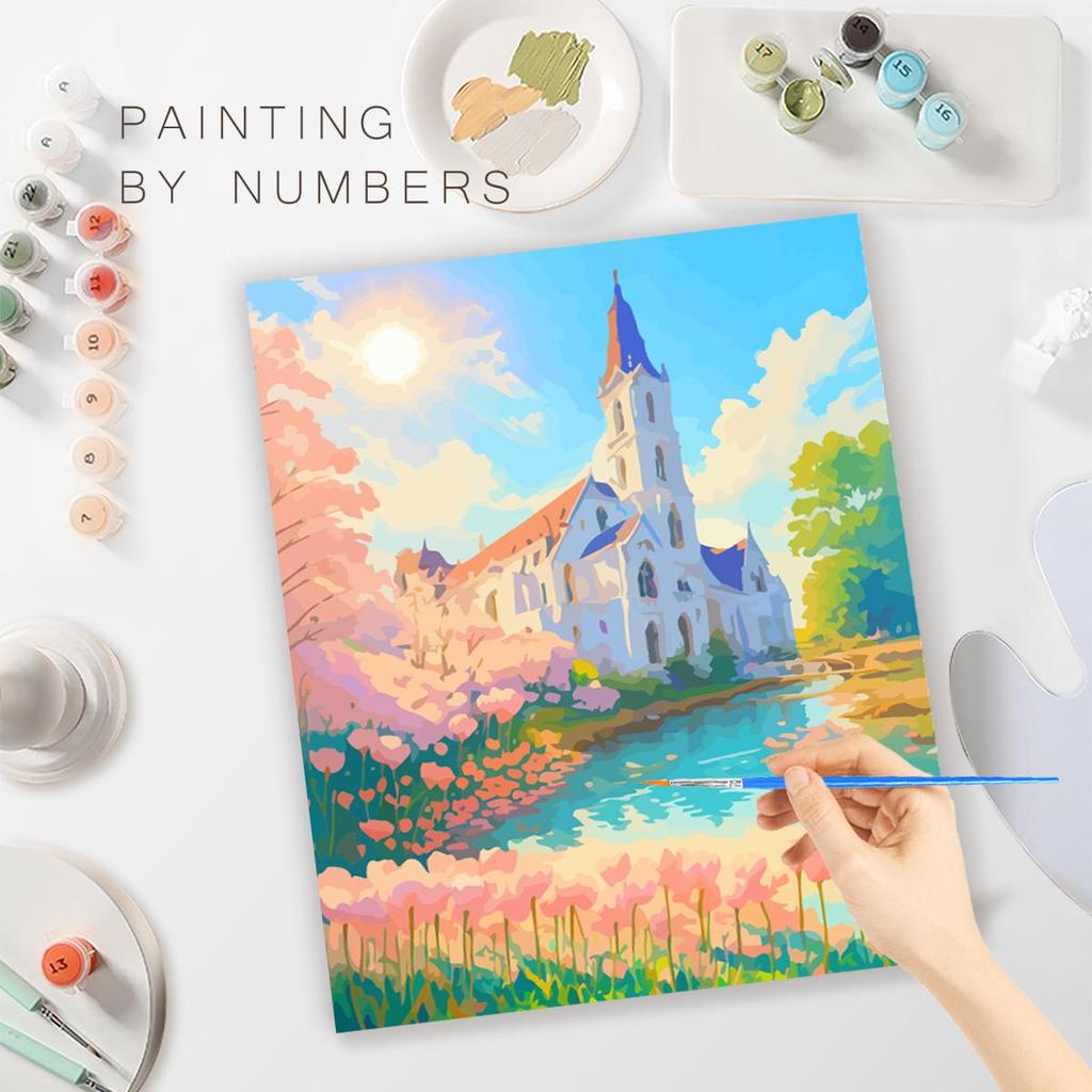 RUOPOTY Современная картина по номерам своими руками с замком в рамке и цветами, ручная роспись акриловой краской по номерам для домашнего декора