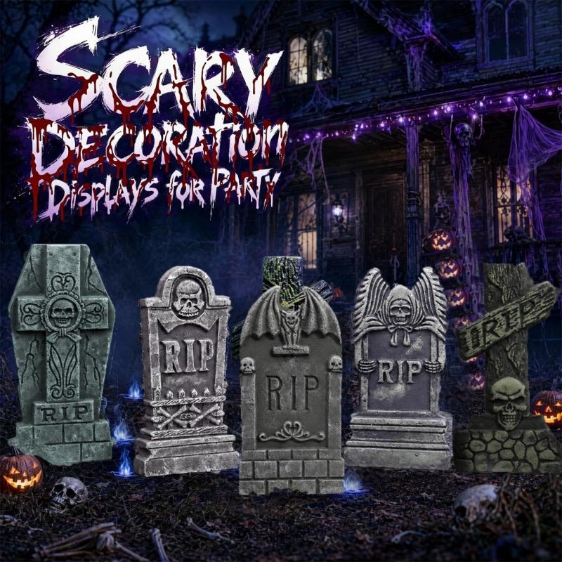 Fall Yard Scene Set, 5 Foam Grave Marker Pieces for Porch Entry Lawn Garden Display, Party Use, Outdoor Themes,