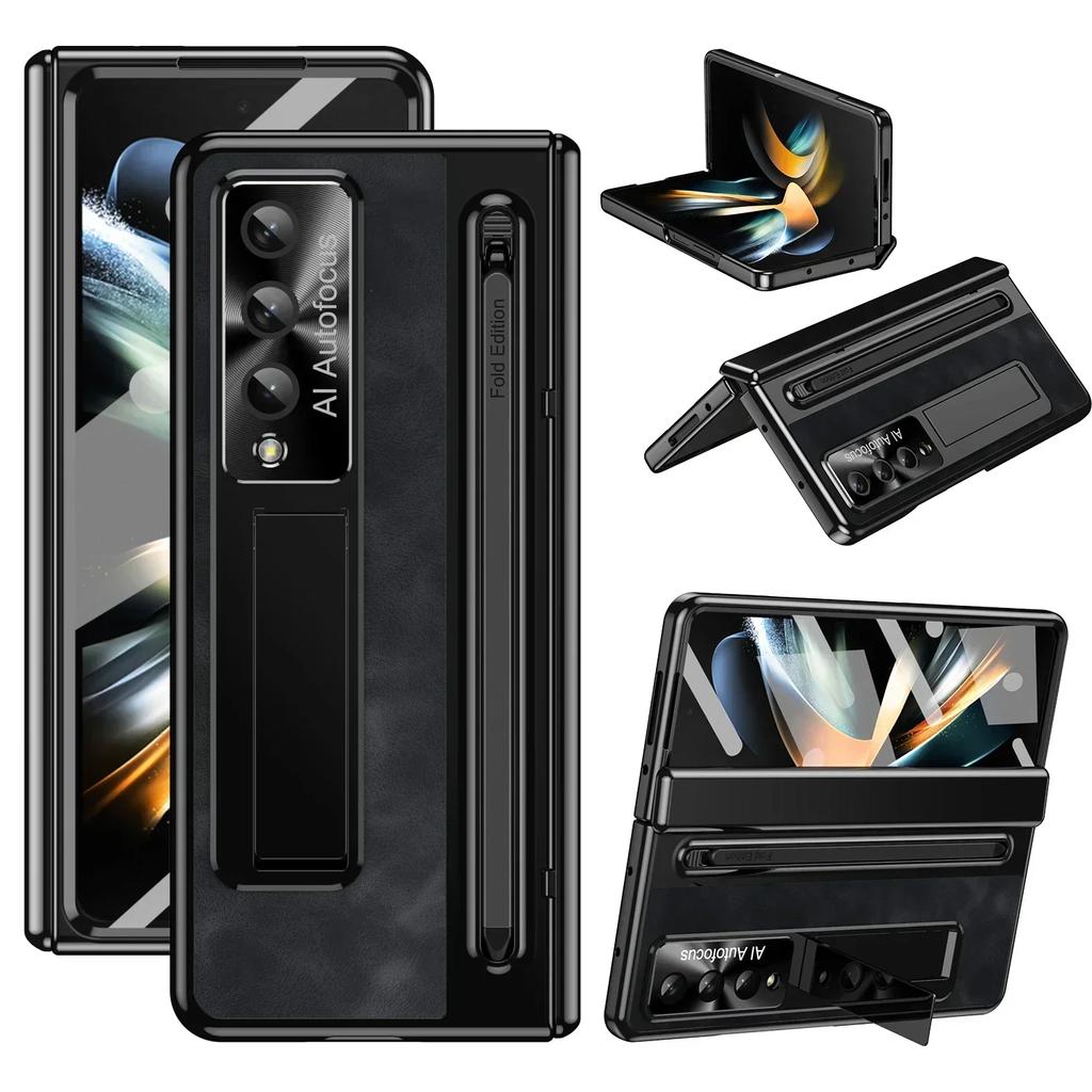 Luxury Leather Bracket Pen Slot with Stylus Case for Samsung Galaxy Z Fold 6 5 4 Retro Style Count Hinge Seismic Protect Cover