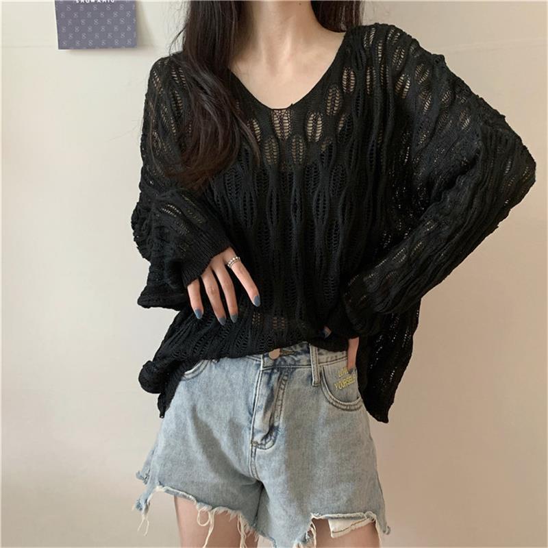 Солнцезащитный свитер с капюшоном в стиле ленивой зауженной посадки, свободный V-образный вырез, ажурный трикотажный свитер с длинными рукавами, летний свитер
