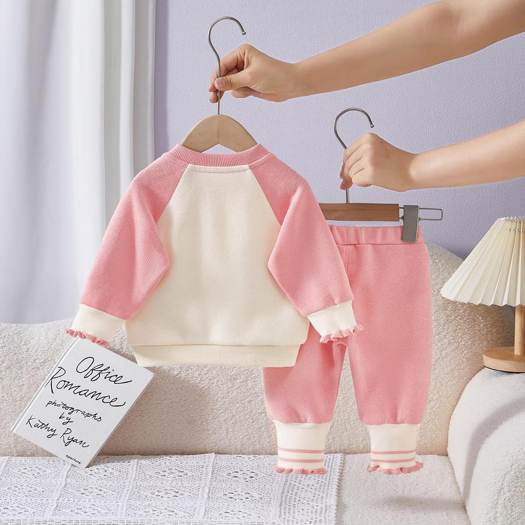 2025 Autumn Pink Floral Girls' Long Sleeve Sweatshirt & Joggers Two-Piece Set