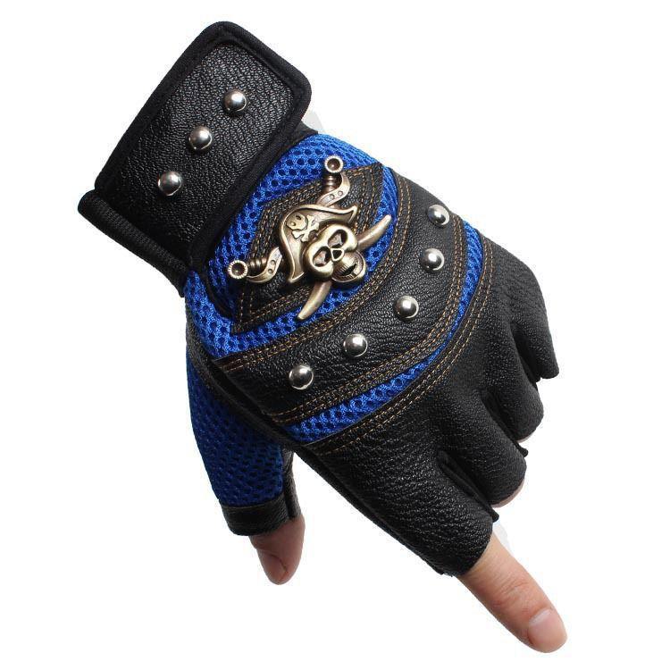 Мужские кожаные перчатки Pirate с полупальцами для езды на велосипеде и занятий спортом на открытом воздухе, с рисунком в виде черепа и заклепок.