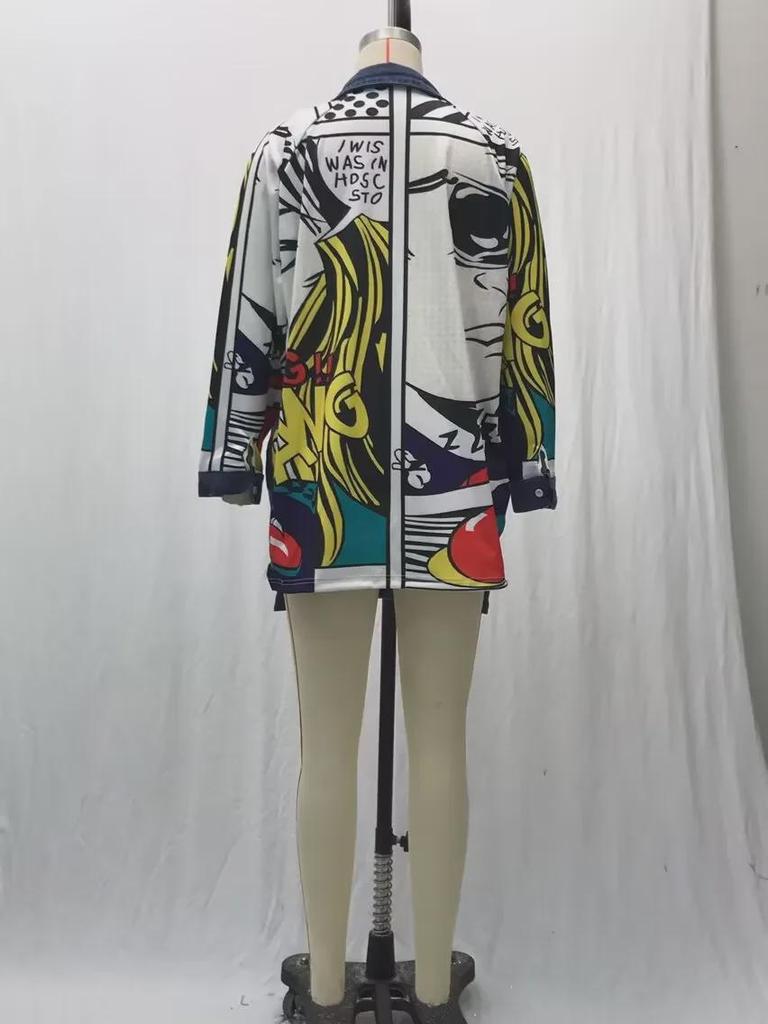 2025 Женская джинсовая ветровка с абстрактным узором - Креативное сращивание, свободная стираная куртка