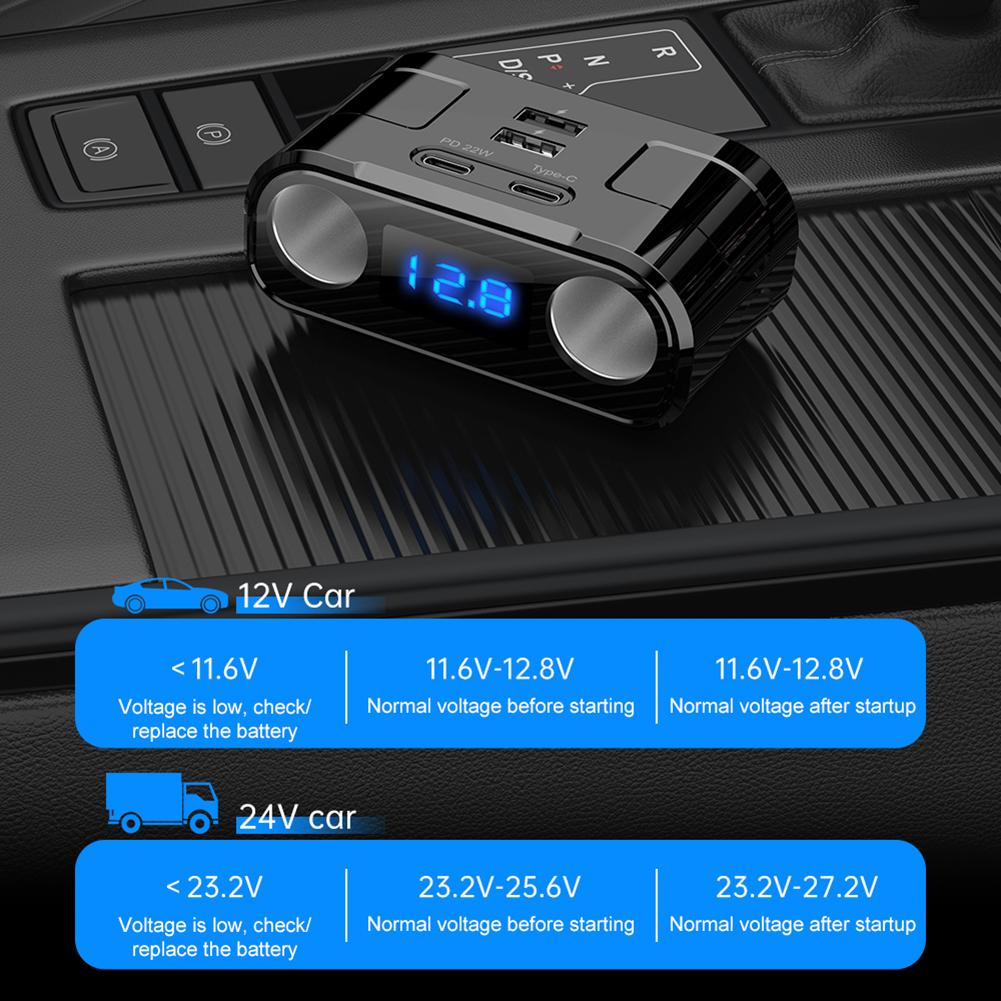 Автомобильное зарядное устройство QC3.0 USB 2 Type-C+2 USB синий светодиодный цифровой дисплей 22 Вт DC 12 В-24 В двойной USB адаптер питания гнездо прикуривателя автомобиля